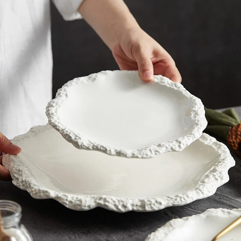 Stoneware Serving Plate 10.5 Inches Round Textured Edge Tabletop Dinnerware Porcelain Dish for Home Kitchen Daily Meals Large Platter Rustic