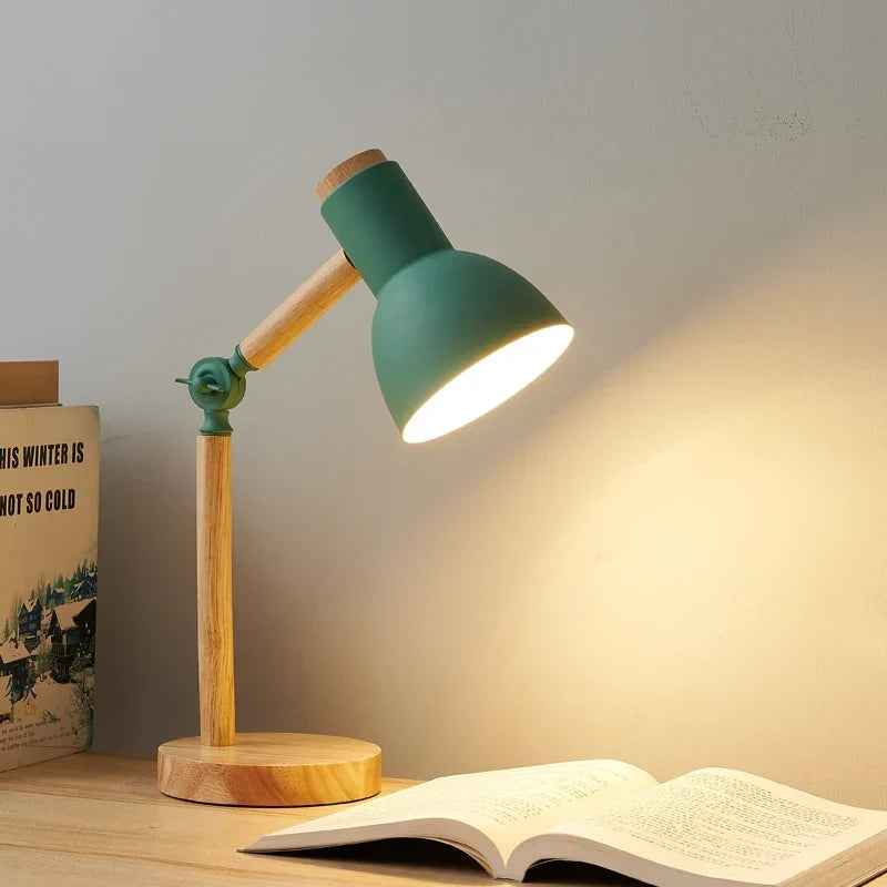 Swivel Wood Task Lamp with Metal Shade for Desks & Nightstands – E27 Socket Adjustable Reading Light