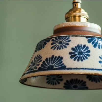 Ceramic Hanging Light Fixture with Unique Floral Designs for Kitchen, Dining Room, Cafe | Artisan Crafted Copper Hardware Pendant Lamp
