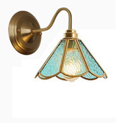 Tiffany-Style Glass Sconce with Curved Copper Arm E27 Socket 11 in x 8 in Bedroom Hallway Accent Light for Living Room Study Bathroom