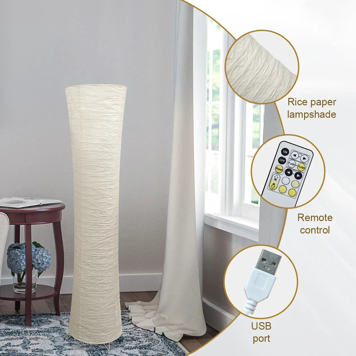 42-Inch Tall Standing Lamp with Paper Lantern Shade White for Bedroom Corner Reading Light Adjustable Color Temperature Remote Control Minim