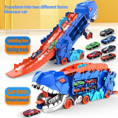 Transforming Dinosaur Race Track Playset with Storage for Mini Cars – 2-in-1 Dino Racetrack Toy for Kids Ages 3+