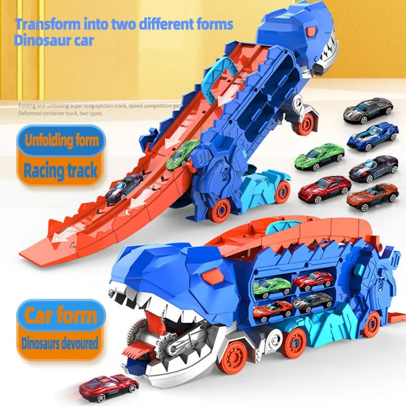 Dinosaur Car Launcher Storage Set with Folding Track ABS Plastic Toy for Kids Ages 3+ Boys Girls Playroom Bedroom Transforming Vehicle Racer