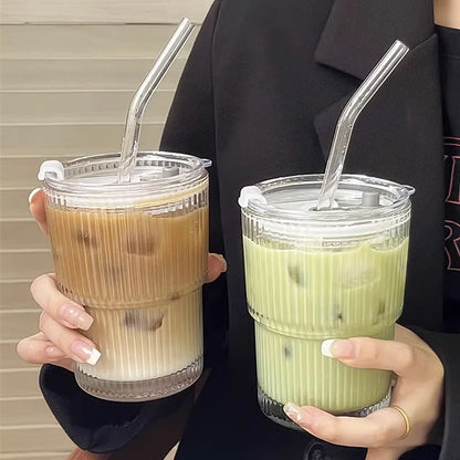 Glass Travel Tumbler with Straw & Lid for Coffee, Tea & Juice - Insulated Borosilicate Cup with Ribbed Design - Reusable Portable Drinkware