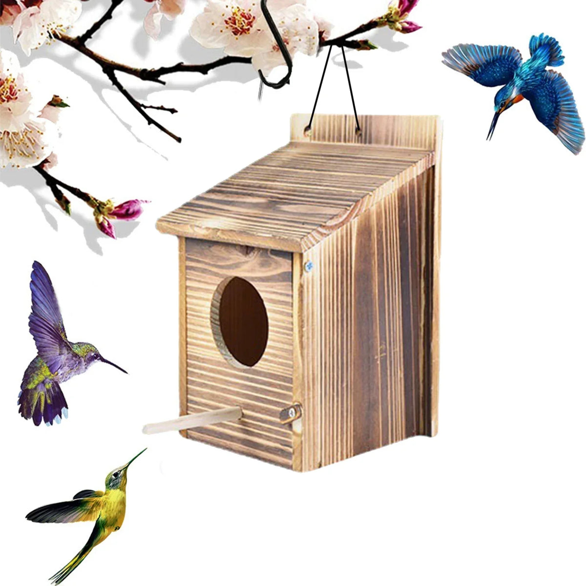 Wooden Bird Nest Box 8.7 in with Side Access Door for Outdoor Hanging Garden Backyard Patio Wildlife Habitat Natural Wood Shelter for Small