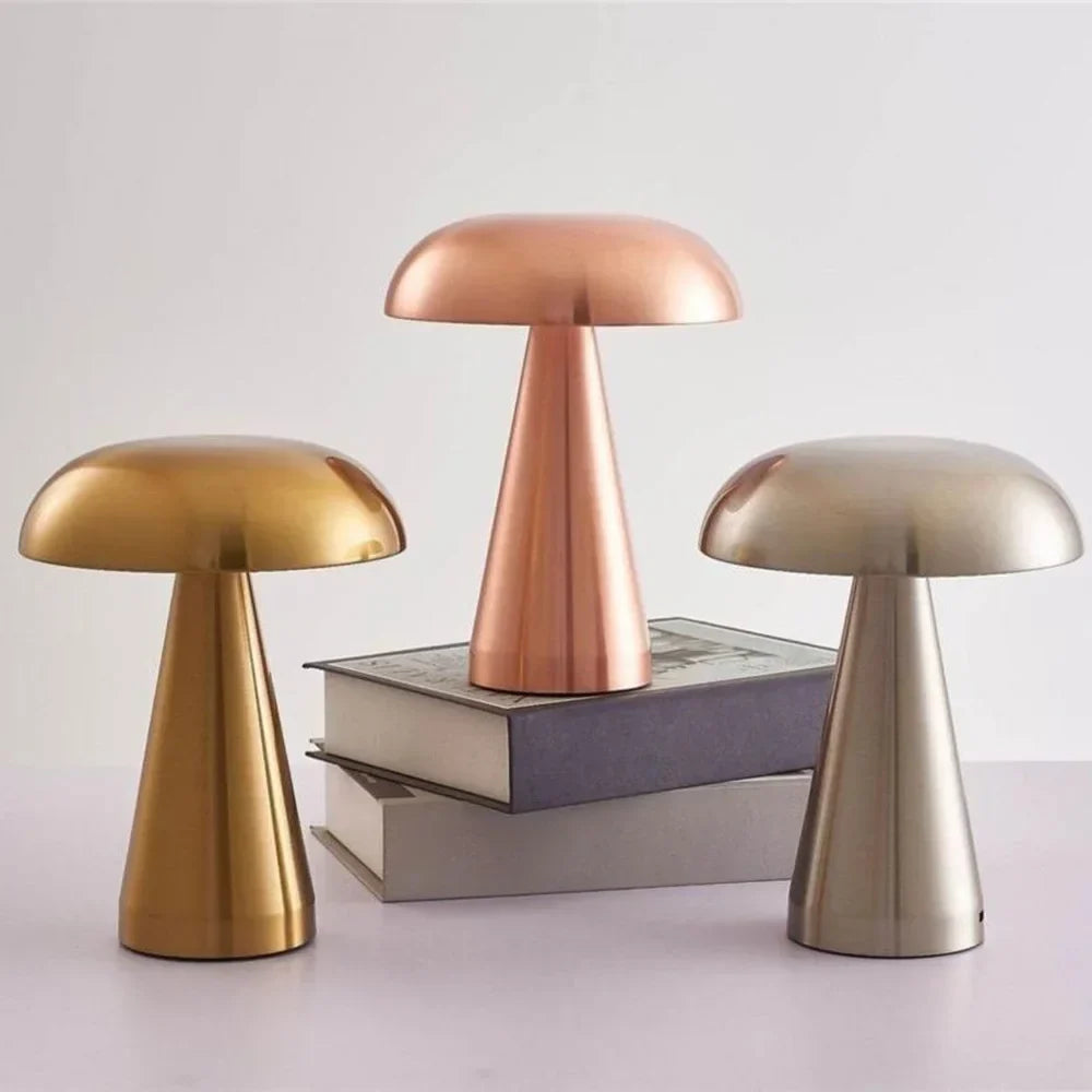 Rechargeable Mushroom LED Desk Lamp with Touch Control – 8 in Cordless Metal Nightlight – 3 Lighting Modes Warm Neutral Cool for Bedroom Off