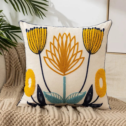Floral Embroidered Throw Pillow Cover 18x18 Inches Cotton Canvas White Decorative Cushion Case for Couch Bed Chair Farmhouse Modern Living R