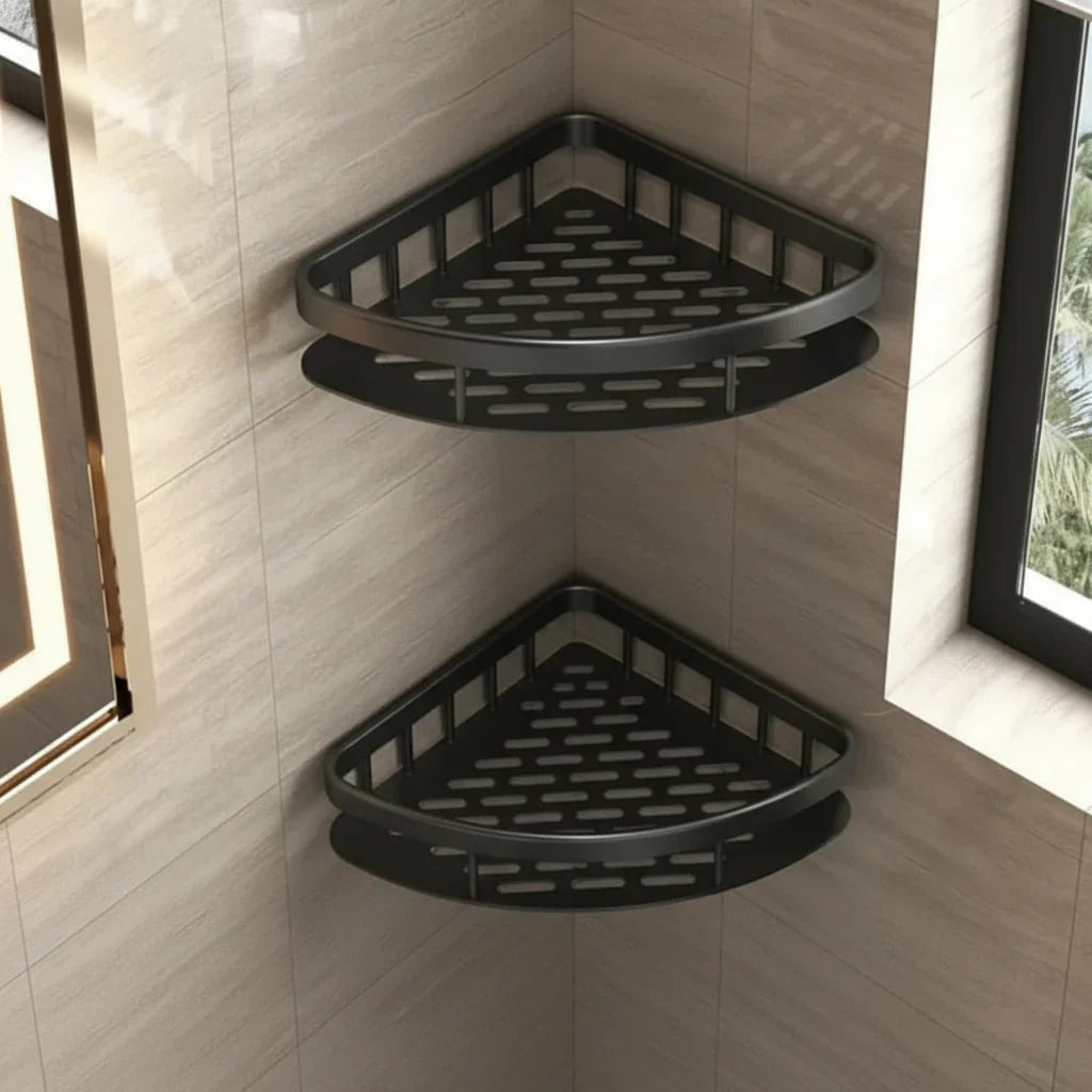 Wall Mount Adhesive Shower Caddy Corner Organizer – No-Drill Waterproof Storage Rack for Bathroom, Toilet & Sink – ABS & Steel in Black or S