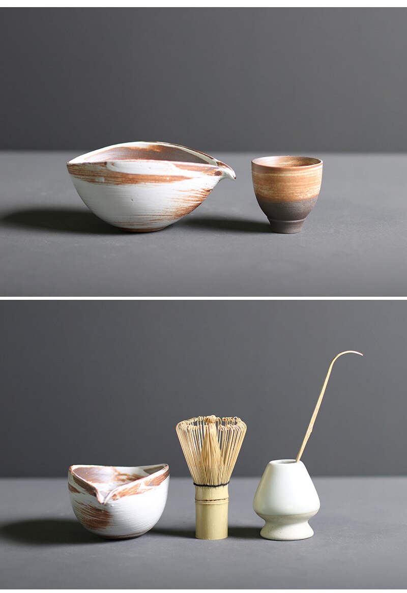 Ceremonial Matcha Tea Preparation Kit — Bamboo Whisk, Ceramic Bowl, Scoop & Holder — 4-Piece Japanese Tea Set for Home Brewing