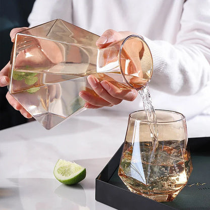Crystal-Clear Beverage Pitcher & Tumbler Set with Geometric Faceted Design for Home Bar, Kitchen & Dining Room Entertaining