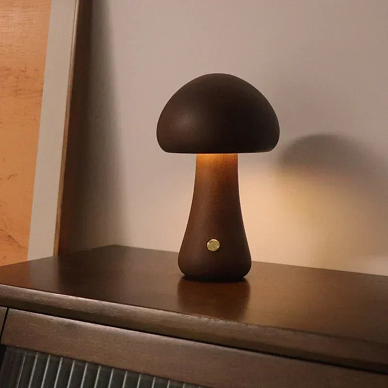 Rechargeable LED Mushroom Night Light with Touch Dimmer for Bedside, Nursery & Kids Room | Cordless Wooden Lamp
