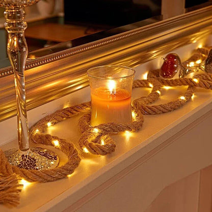 Rustic Hemp Rope LED String Lights Warm White Battery Powered Decorative Lighting for Living Room Bedroom Patio Garden Party Wedding