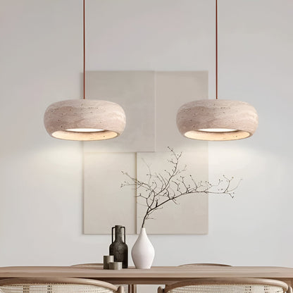 Stone Hanging Lamp 8-Inch Round Natural Travertine Shade Adjustable Drop Cord Ceiling Fixture for Kitchen Island Dining Table Room Modern Or