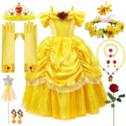Girls Princess Gown Costume with Tiara and Gloves – Complete Belle-Inspired Dress-Up Set for Birthday Parties, Halloween, Cosplay & Special