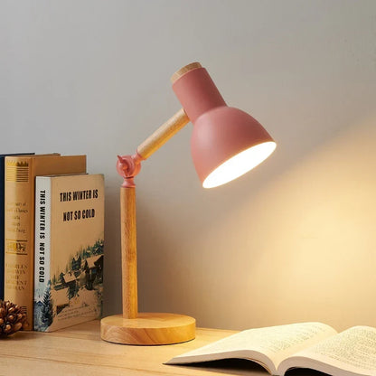 Swivel Wood Task Lamp with Metal Shade for Desks & Nightstands – E27 Socket Adjustable Reading Light