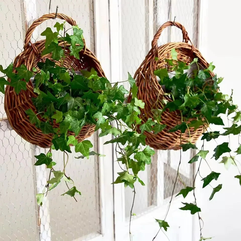 Woven Rattan Wall Basket for Plants Indoor Outdoor Hanging Pot Holder Natural Fiber Planter for Living Room Balcony Patio Garden Decor Boho