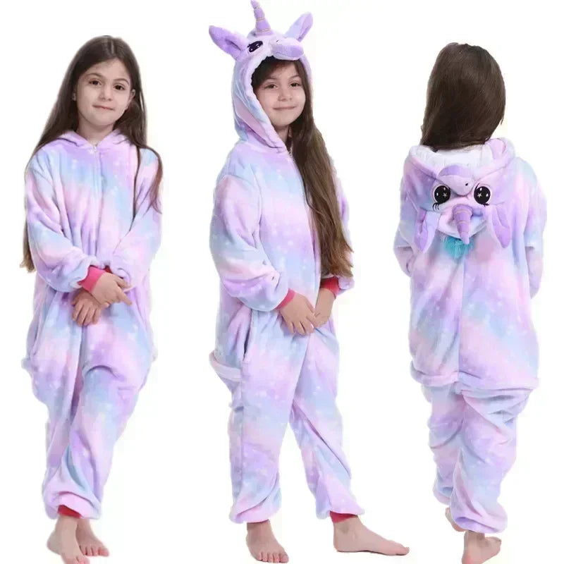 Girls Hooded Unicorn Jumpsuit Fleece Sleepwear Rainbow Costume for Kids Indoor Lounging Warm One-Piece Pajamas Children Winter Nightwear Sof