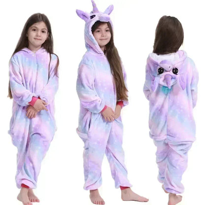 Girls Hooded Unicorn Jumpsuit Fleece Sleepwear Rainbow Costume for Kids Indoor Lounging Warm One-Piece Pajamas Children Winter Nightwear Sof