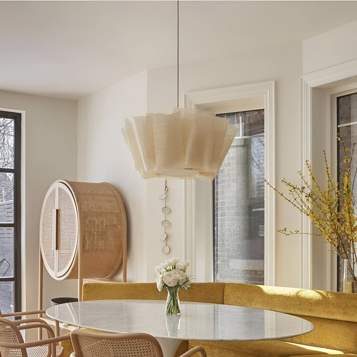 Pleated Fabric Shade Hanging Ceiling Lamp 16 in Warm Cream for Dining Room Kitchen Island Scandinavian Japanese Modern Minimalist Ambient Li