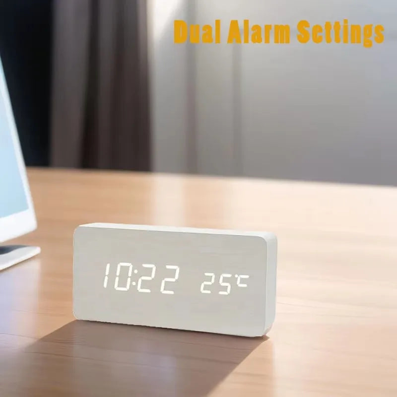 Digital LED Desk Clock with Triple Alarms Temperature Display Brightness Control Wood Grain Finish USB Powered for Bedroom Office Nightstand