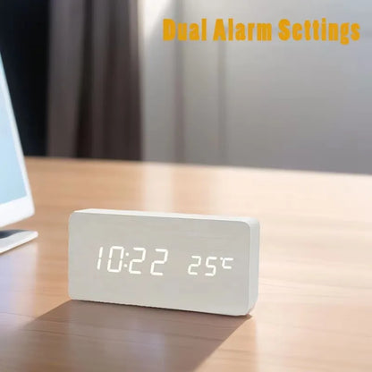 Digital LED Desk Clock with Triple Alarms Temperature Display Brightness Control Wood Grain Finish USB Powered for Bedroom Office Nightstand