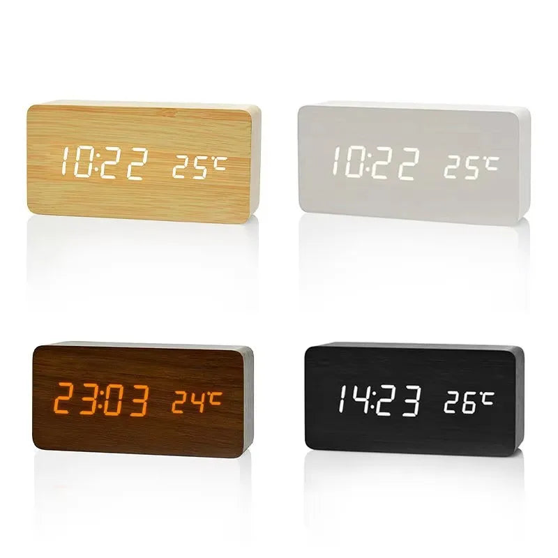 Digital LED Desk Clock with Triple Alarms Temperature Display Brightness Control Wood Grain Finish USB Powered for Bedroom Office Nightstand