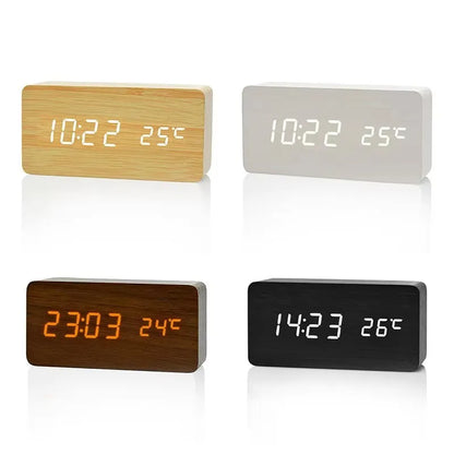 Digital LED Desk Clock with Triple Alarms Temperature Display Brightness Control Wood Grain Finish USB Powered for Bedroom Office Nightstand