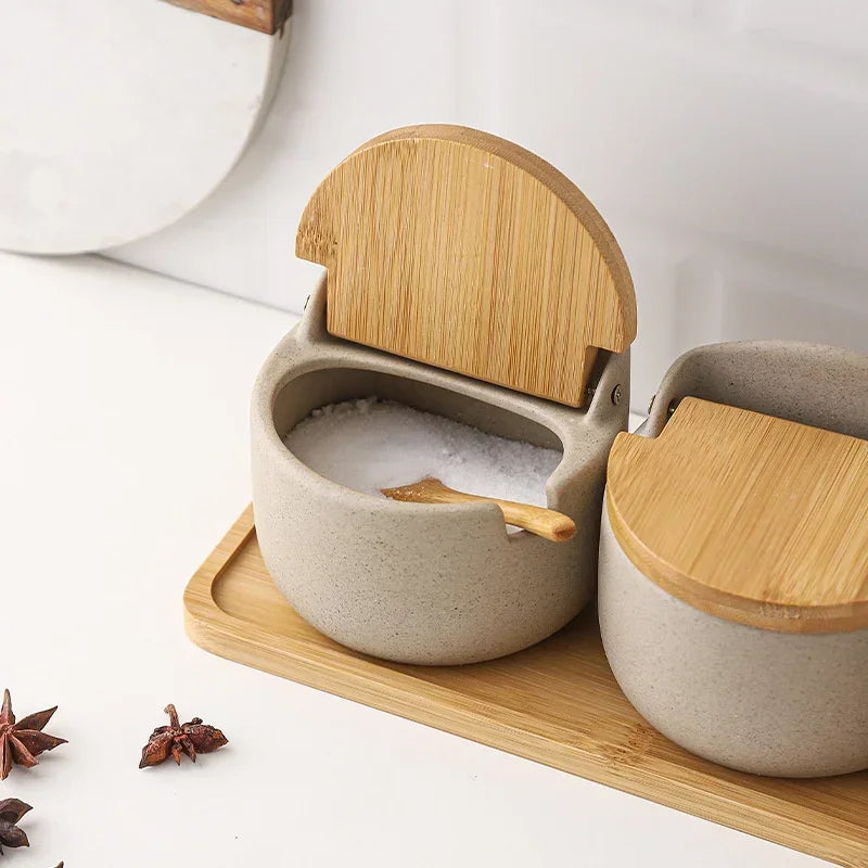 Ceramic Spice Jar with Bamboo Lid & Built-in Spoon Rest | Japanese-Style Spice Container for Tidy Cooking