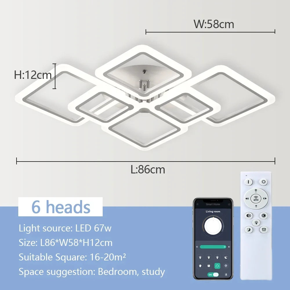Square Flush Mount LED Fixture 50 in Dimmable Remote Control White Aluminum Geometric Rings for Bedroom Living Room Dining Room Open Plan
