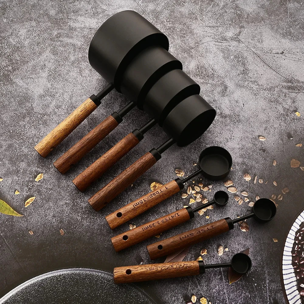 8-Piece Nesting Kitchen Measuring Spoons with Wood Handles Stainless Steel Cooking Baking Tools Set