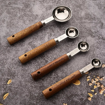 Stainless Steel Kitchen Measuring Spoons 8-Piece Set with Wood Handles for Baking Cooking Spice Portioning Recipe Prep Home Chef Tools