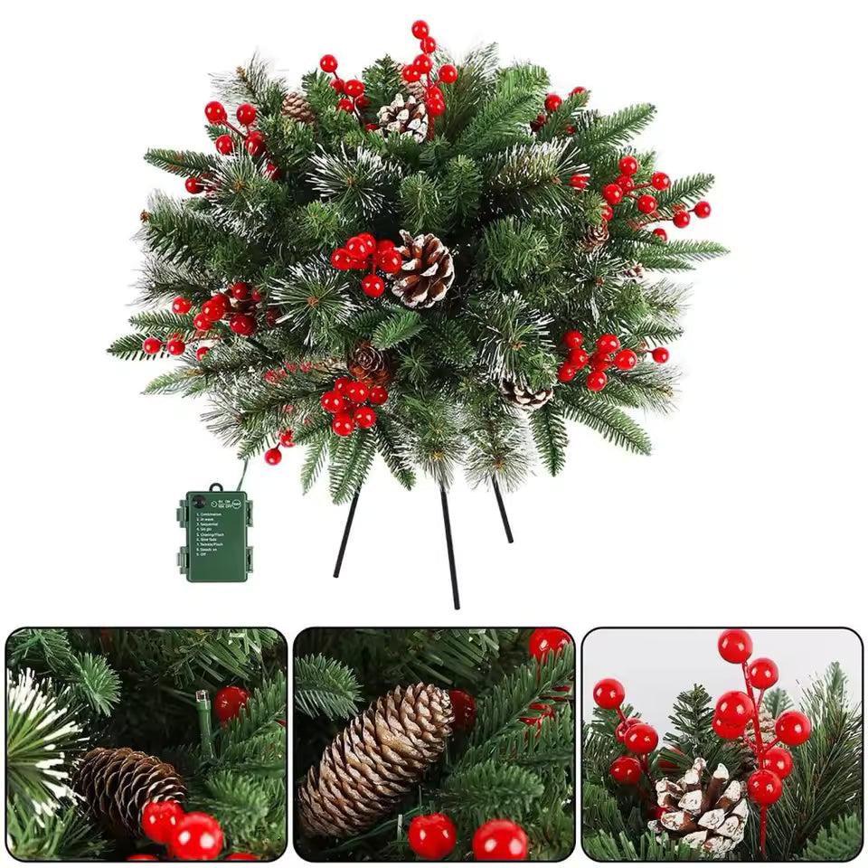 Illuminated Christmas Wreath with Stand for Planters & Holiday Display – 50 LED Lights & Timer