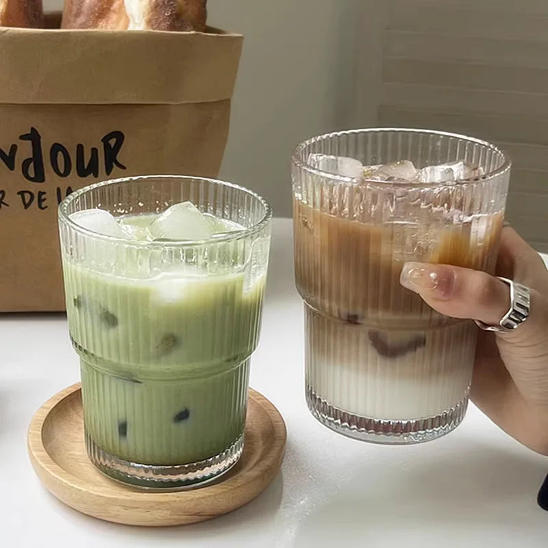 Glass Travel Tumbler with Straw & Lid for Coffee, Tea & Juice - Insulated Borosilicate Cup with Ribbed Design - Reusable Portable Drinkware