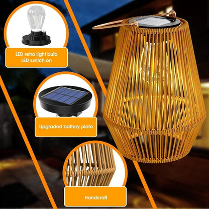Woven Basket Lantern with Solar LED Light Outdoor Hanging Decor 8 in for Patio Garden Deck Yard Porch Balcony Table Cordless Battery-Free Wa