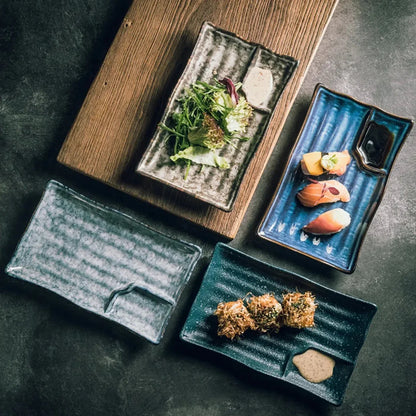Handcrafted Rectangular Dish with Sauce Well 9×5 Inches White Glazed Dinnerware for Sushi Nigiri Sashimi Japanese Appetizers Tableware