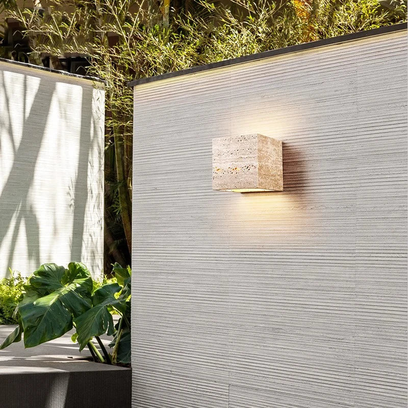 Outdoor LED Sconce Natural Stone Up-Down Light Waterproof Garden Wall Mount Fixture for Patio Entryway Facade 6.3 Inch Travertine Exterior L