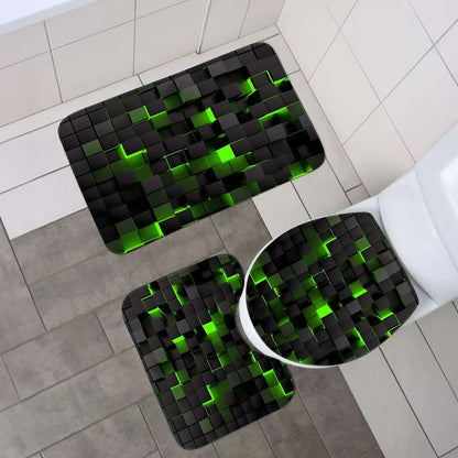 4-Piece Bathroom Mat and Shower Curtain Set in Waterproof Blue and Black