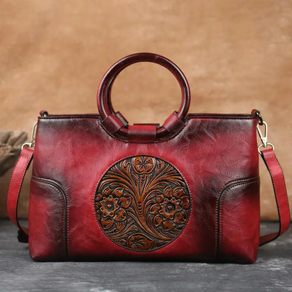 Embossed Leather Handbag for Women with Adjustable Strap and Multiple Compartments – Vintage-Inspired Shoulder Bag Purse