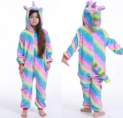 Girls Hooded Unicorn Jumpsuit Fleece Sleepwear Rainbow Costume for Kids Indoor Lounging Warm One-Piece Pajamas Children Winter Nightwear Sof