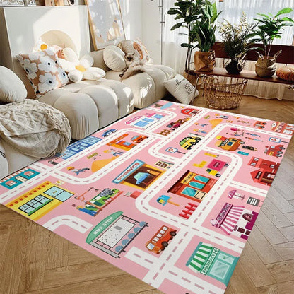 Kids Road Map Area Rug Soft Flannel Non-Slip City Streets for Toy Cars Playroom Bedroom Nursery 4 ft × 5 ft Washable Floor Mat for Toddlers