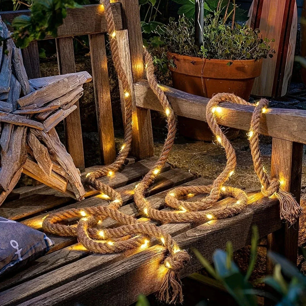 Solar-Powered LED Rope Light with Hemp Design 16.4 ft Waterproof Outdoor String Lights for Patio Garden Deck Yard Party Decor Dusk-to-Dawn S