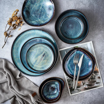 Porcelain Dinnerware Set 11-Piece Aqua Blue Plates Bowls Service for 4 Complete Kitchen Tableware Family Dining Entertaining Microwave Dishw