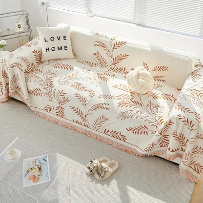 Chenille Jacquard Leaf Sofa Throw Blanket with Non-Slip Backing | Scratch-Resistant Textured Furniture Cover for Couch Protection