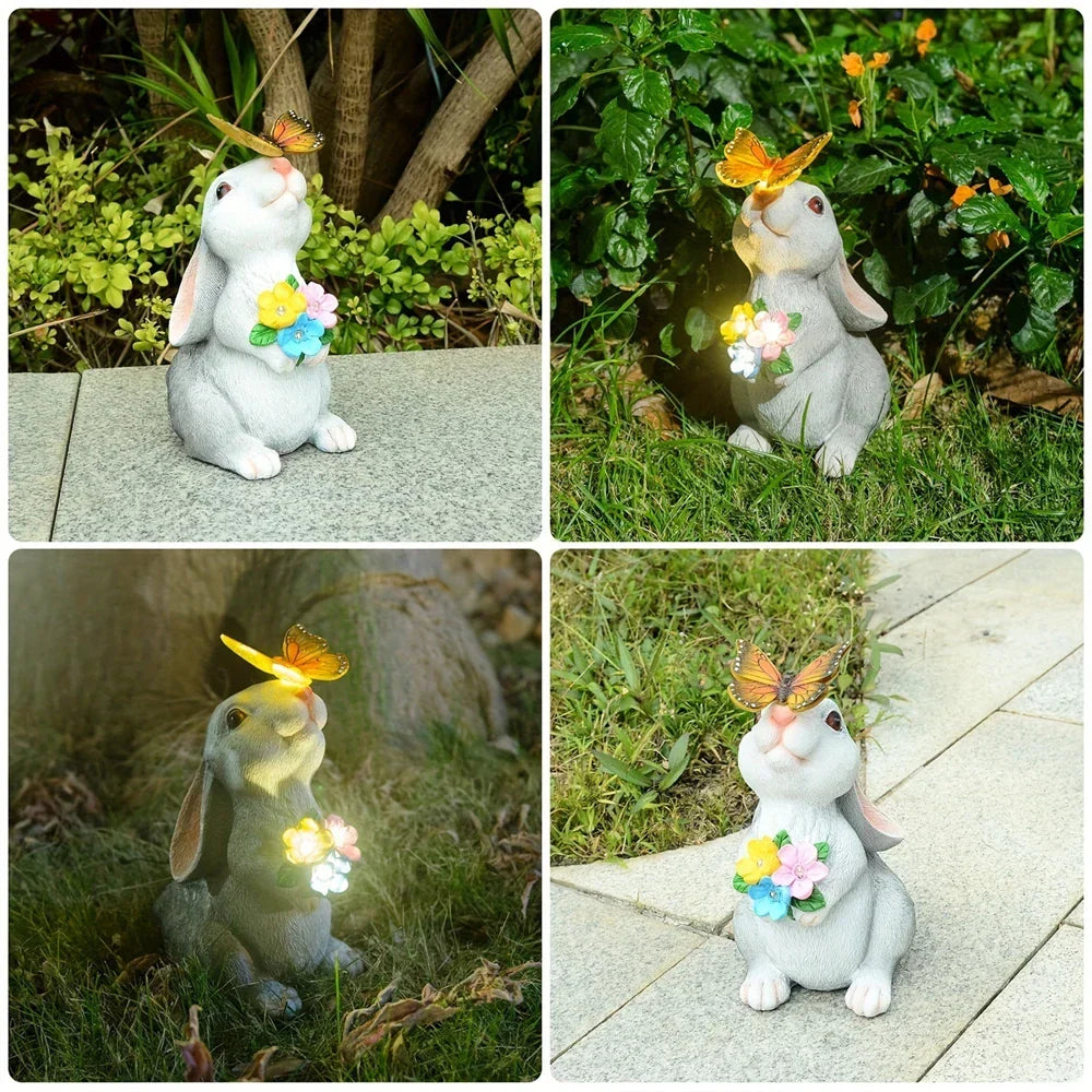 Solar Bunny Statue with LED Lights 9 Inch Tall White Gray Resin Weather-Resistant Outdoor Yard Decor Illuminated Butterfly Accent for Patio