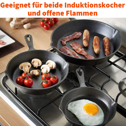 Cast Iron Skillet Set 3-Piece 6.3 8 10 Inch Black Uncoated Frying Pans Gas Electric Induction Campfire Cookware Stovetop to Oven Kitchen