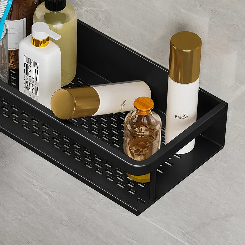 Wall-Mount Aluminum Bathroom Caddy – Black Storage Ledge for Soap, Shampoo & Toiletries – Space-Saving Organizer for Shower & Kitchen