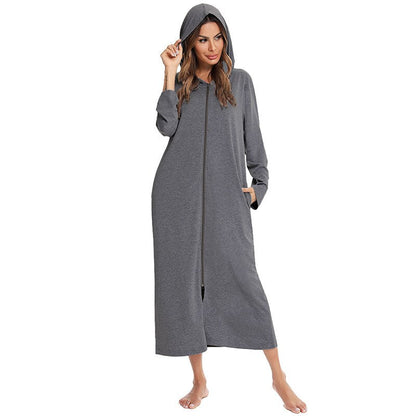 Zip-Front Hooded Bathrobe for Women – Soft Fleece Robe with Pockets & Full Zipper – Cozy Loungewear for Home, After Shower, Maternity