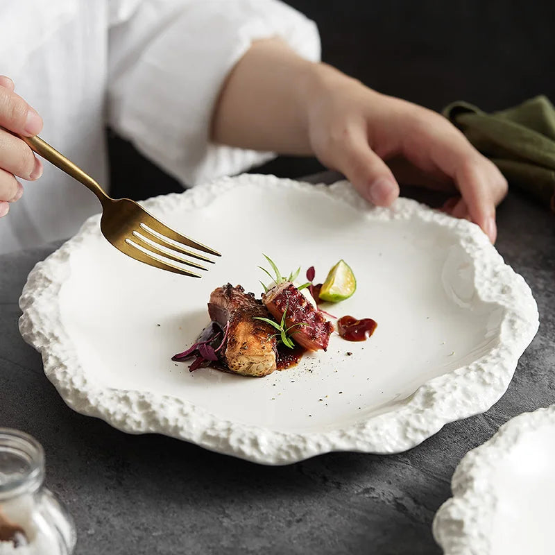 Stoneware Serving Plate 10.5 Inches Round Textured Edge Tabletop Dinnerware Porcelain Dish for Home Kitchen Daily Meals Large Platter Rustic