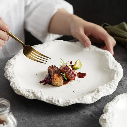 Ceramic Dinner Plate with Textured Rock Edge Design for Kitchen & Dining Room Tables 8-11 inch Natural Tableware