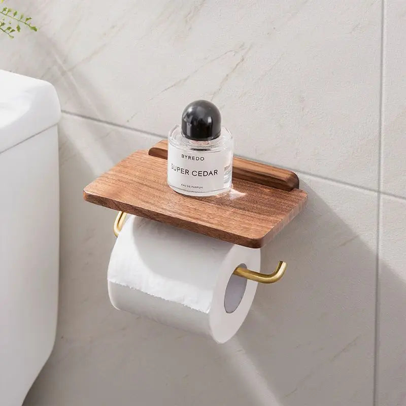Elegant Walnut Toilet Roll Holder with Brass Shelf | Modern Design for Stylish Storage